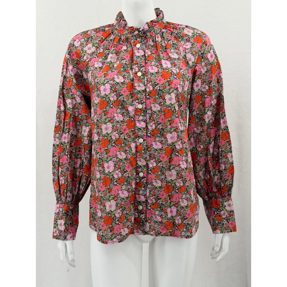 J Crew Top Womens 12 Pink Ruffleneck Organic Cotton Floral Liberty Meadow Song